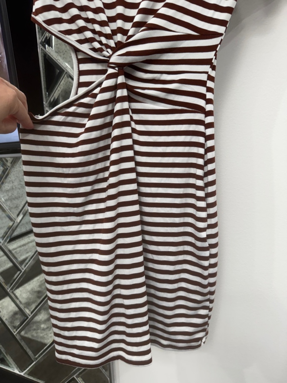 SHEIN Striped Twist-Front side cut out Short Sleeve Dress in Brown & White - Picture 5 of 6